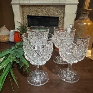 4 Antique Westmoreland Old Quilt Clear Wine Glasses. Star Etch Design.